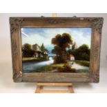 A Victorian painting on glass in decorative period frame. W:75cm x H:56cm