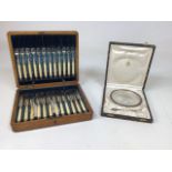 A wooden cased set of nineteenth century lsilver collared knives and forks and a continental boxed