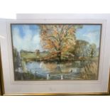 Andy le Poidevin (British 20th century) watercolour on paper of a lake scene. In gilt frame.