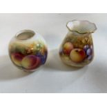 Two Royal Worcester vases decorated with fruits. A ball shaped vase approx 7cm decorated with