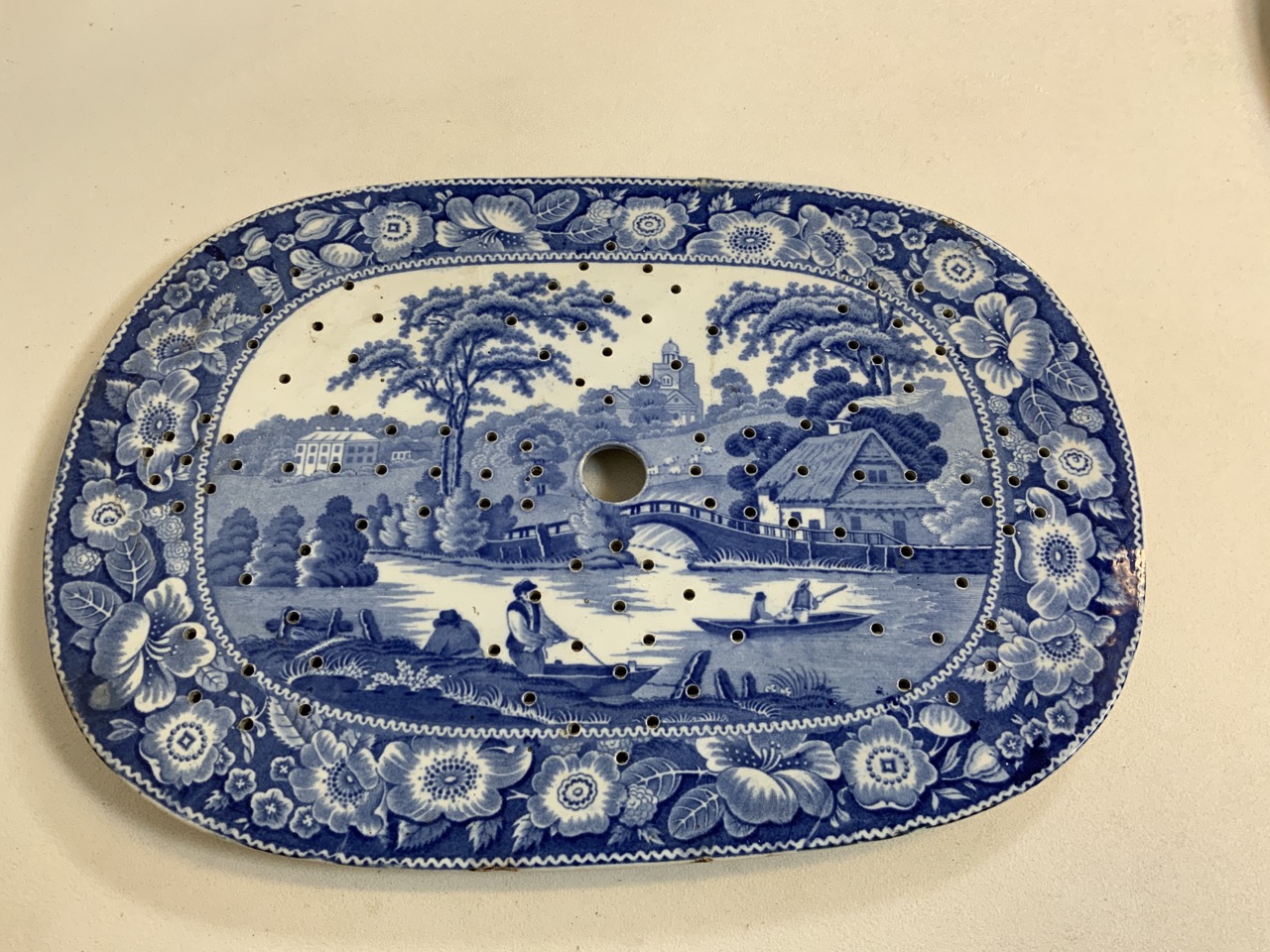 Three nineteenth century meat drainers/mazarines. A hand painted one in an oriental style, a blue - Image 4 of 8
