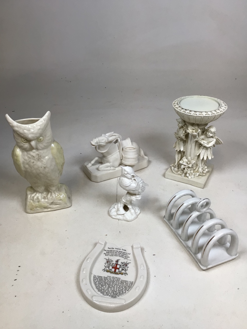 WH Kerr and co Parian ware seated donkey together with a Belleek owl and other items H:21cm Height - Image 6 of 6