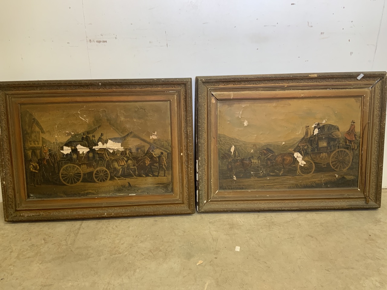 Two antique picture frames for restoration with coaching prints (a.f) W:83cm x H:62cm