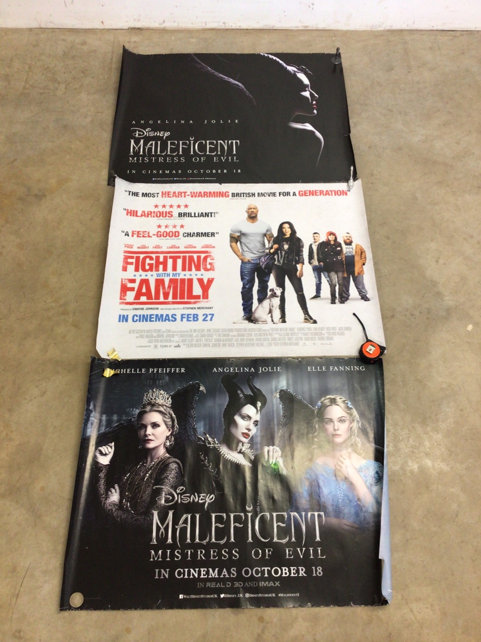 Three movie posters of Maleficent and Fighting with my Family W:101cm x H:76cm