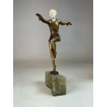 Art Deco figurine of a dancer on onyx plinth. Marked LORENZL to base of figurine. Damage to wrist