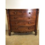 A Victorian mahogany bow fronted chest of drawers with two short over three long drawers. W:132cm