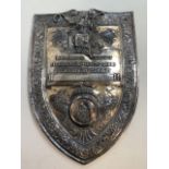 A Large silver plated shield. W:42cm x H:58cm