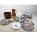 A quantity of ceramic items including loving cups, a Sylvac planter, an Art Deco vase and other