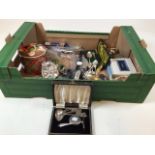 A collection of miscellaneous items to include small silver items 37gm, plated spoons, jewellery and