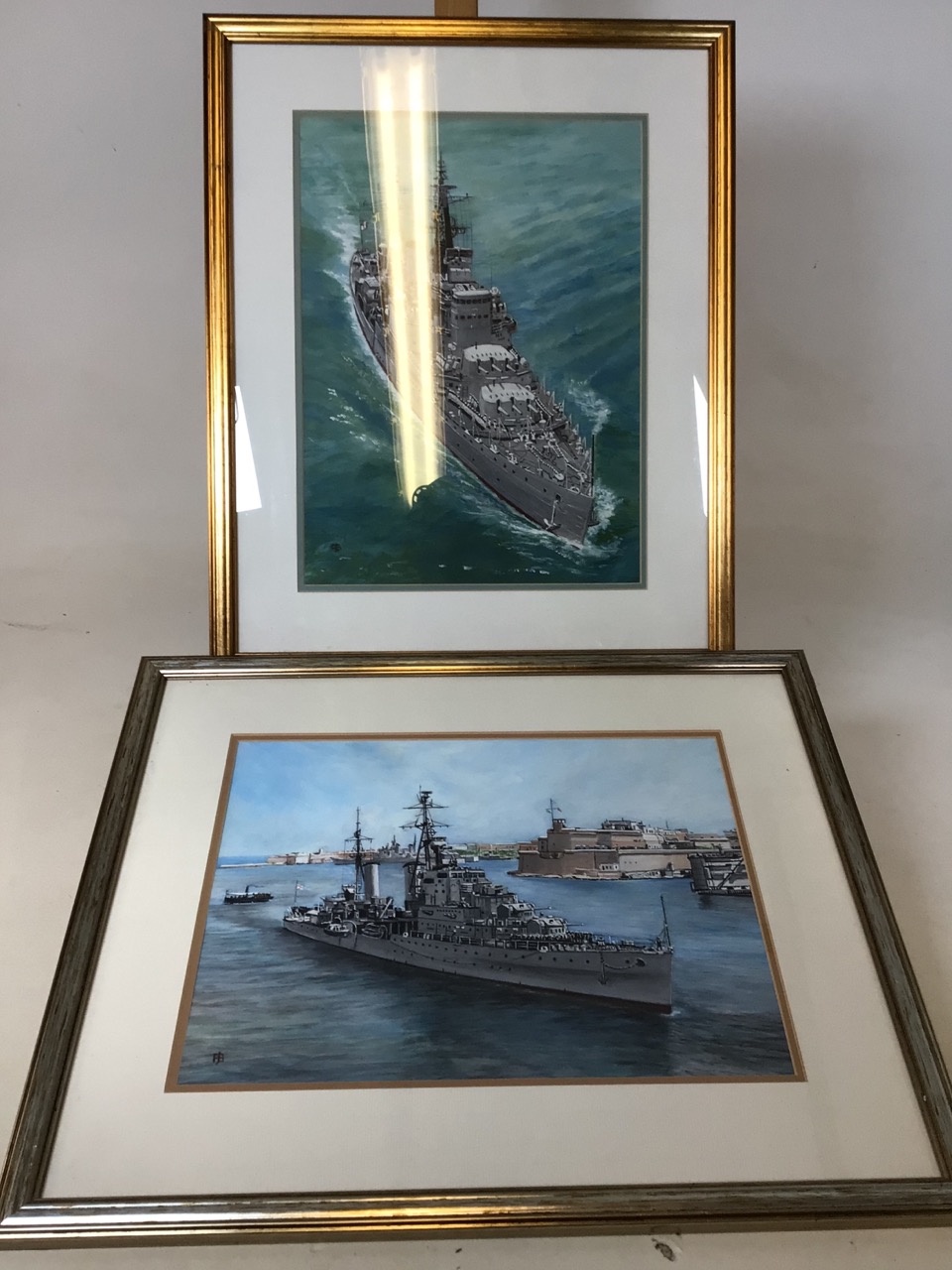 Two oil paintings of Battleships by Peter Burns. HMS Euraylus entering the Grand Harbour Malta