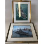 Two oil paintings of Battleships by Peter Burns. HMS Euraylus entering the Grand Harbour Malta