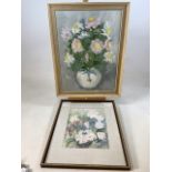 Botanical paintings, oil on canvas signed K.Richards daisies in a blue and white vase also with a