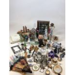 A box of ceramics, glass and other items to include Medina style glass vases, paper weights, Royal