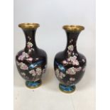 A pair of cloisonne vases decorated with blossom and blue birds W:18cm x H:39cm
