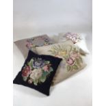 Three needlepoint cushions together with a hand embroidered cushion Largest cushion W:43cm x H:43cm