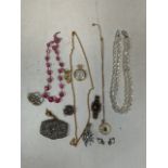Various costume jewellery brooches and necklaces.