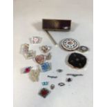 A collection of lucite brooches together with two compacts, a Penhaligons scent pen, two enamelled