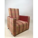Mid century childrens arm chair on castors with plaid upholstery and vinyl trim W:50cm x D:34cm (