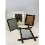 Two mid century mirrored frames together with a painted wooden mirror and a bamboo mirror W:32cm x