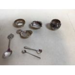 A silver caddy spoon and silver salts with other items including a Norwegian silver spoon