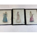 Three watercolour and pen studies of women in traditional dress. Approx W:20cm x H:25cm