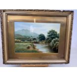 An early 20th century oil on board of a river scene in gilt frame and mount. Signed H.P W:48cm x H: