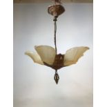 An Edwardian metal ceiling light with moulded glass shades. Approx height 45cm