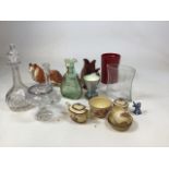 A quantity of glass and ceramics to include a cut glass decanter, rose bowl and candle stick, a