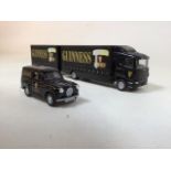 Corgi Guinness collectors models. A Scania delivery lorry and trailer, and a classic Austin A35
