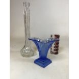 An Art Deco blue glass Walther & Sohne vase together with a thorn vase and a mid century vase