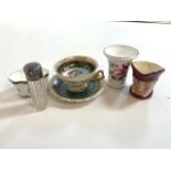 A selection of small ceramics, continental china also with a silver topped scent bottle.