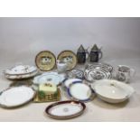 A box of mixed ceramics including Indian Tree plates by Johnson Bros, a Paramount butter dish, a