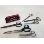 Eight pairs of vintage scissors including hair dressing scissors and dress making shears