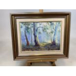 A 20th century oil on board of a woodland scene, Signed Dennis Holmes in mounted frame. W:56cm x H:
