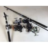 A selection of fishing reels and rods to include Daiwa, Shapspeare, D.A.M and others.