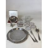 A collection of silver plated items including a Victorian salver