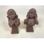 Two French plaster busts labelled Surprise and Coquette W:14cm x H:29cm