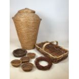 A vintage Ali baba laundry basket together with a trug and other smaller baskets W:55cm x D:35cm x