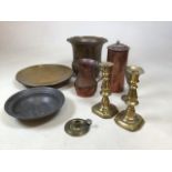 A quantity of brass and copper items including a pewter bowl marked J Roger