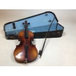 A violin with bow and case. No makers mark