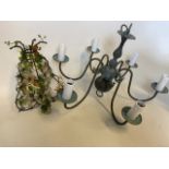 A Brass chandelier also with decorative a modern glass light green, brown and clear glass leaves.