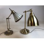 Two adjustable desk library lamps with brass base - one with Tiffany style glass shade