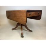 A Georgian mahogany Pembroke table with wide top, brass castors and lion paw feet. Drawer to one