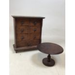 An apprentices chest of drawers together with a pedestal table W:22cm x D:9.5cm x H:26cm Chest