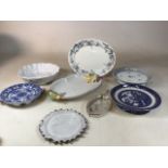 A meat platter together with comports, Spode blue and white warming dish and other items
