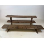 Three pine church prayer stools. Some signs of woodworm. W:106cm x D:17cm x H:16cm size of