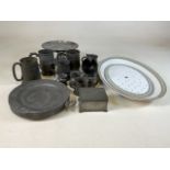 A Bridgwood and sons strainer and serving dish also with a quantity on Victorian pewter.