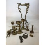 Brass candlesticks - four pairs, together with a brass plant stand, a key holder and two door