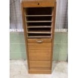 An oak early 20th century French tambour cabinet, no key. W:43cm x D:36cm x H:120cm