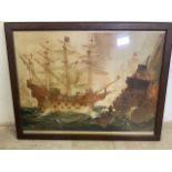 Russell Flint print the ark Royal engaging the Spanish Armarda. W:80cm x H:62cm